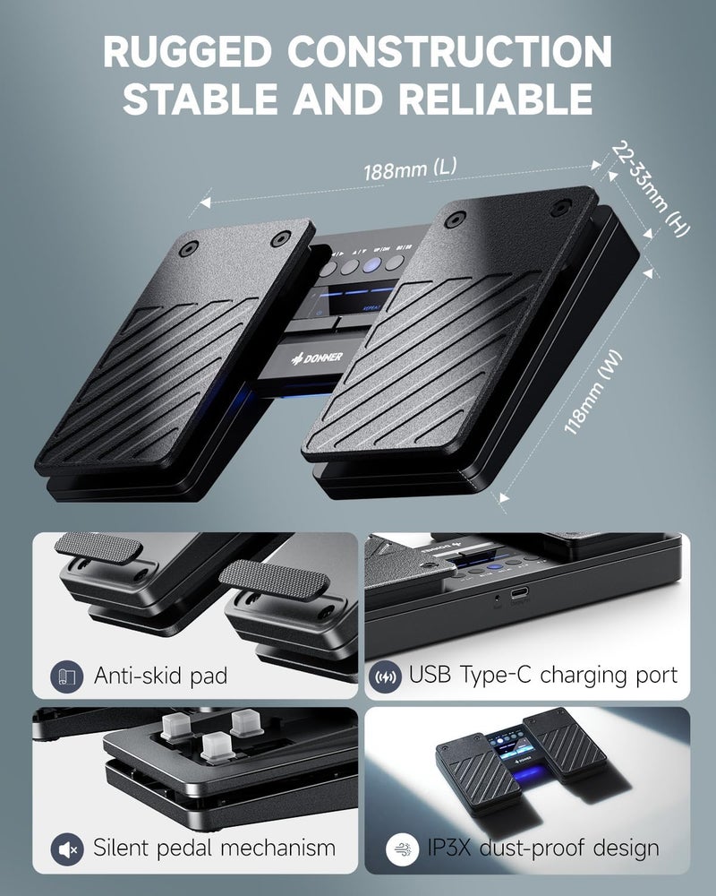 Donner Wireless Bluetooth Page Turner Pedal for iPad Tablets Phone Foot Pedal, Black - Image 5